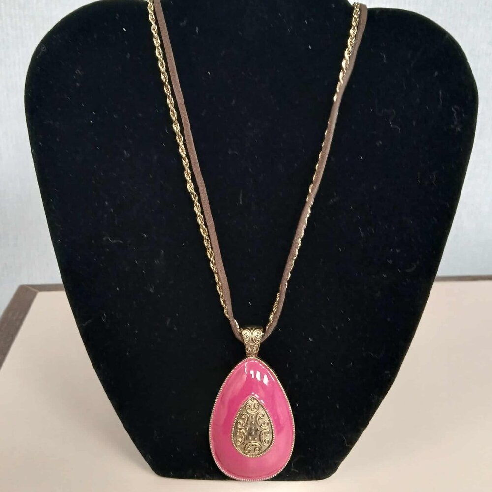 Vintage Enamel Fuchsia Pendant Necklace Doubled Stranded